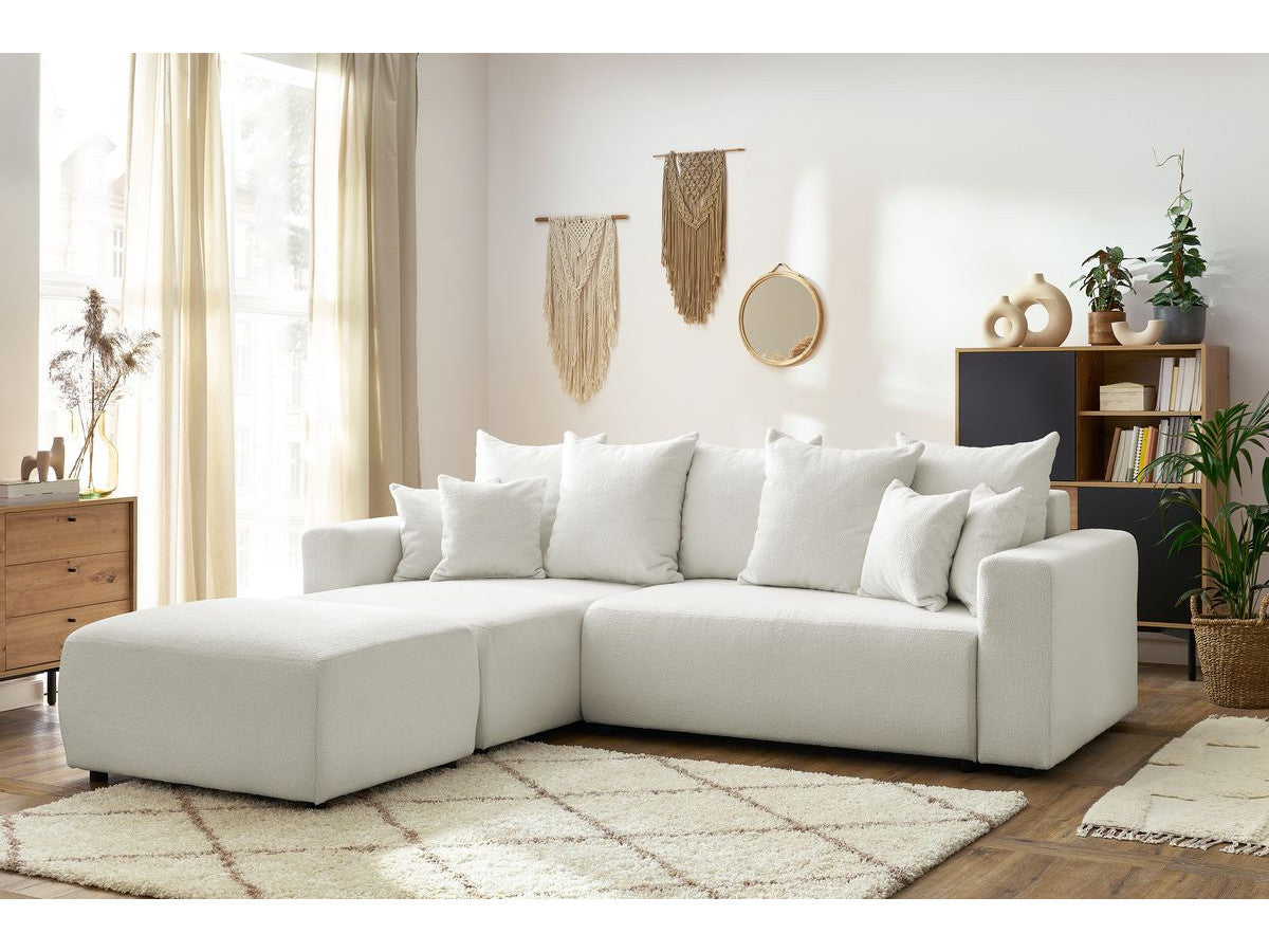 Canapé d'angle réversible convertible coffre ENVY tissu bouclette doux avec pouf rectangulaire