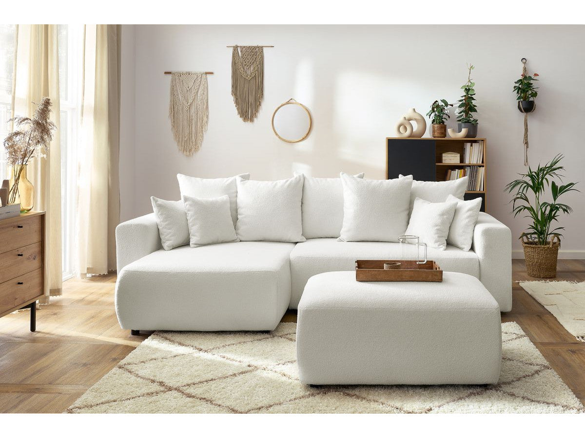 Canapé d'angle réversible convertible coffre ENVY tissu bouclette doux avec pouf rectangulaire