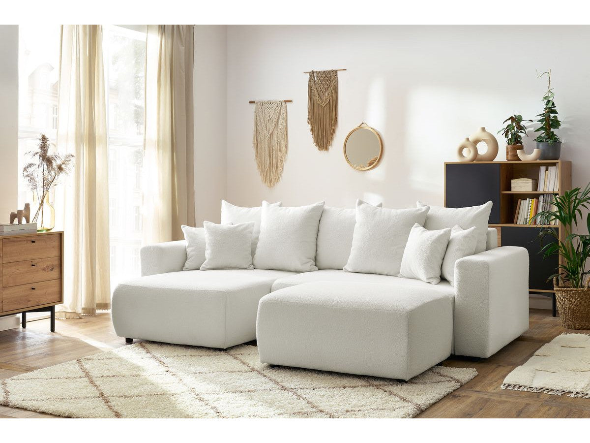 Canapé d'angle réversible convertible coffre ENVY tissu bouclette doux avec pouf rectangulaire