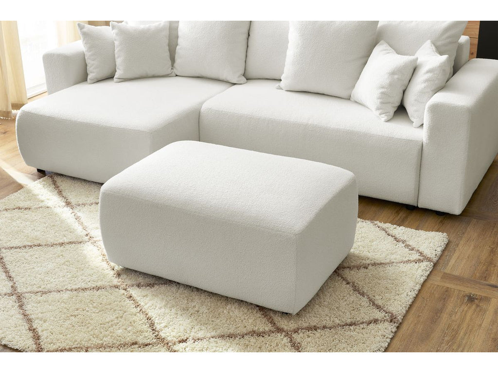 Canapé d'angle réversible convertible coffre ENVY tissu bouclette doux avec pouf rectangulaire