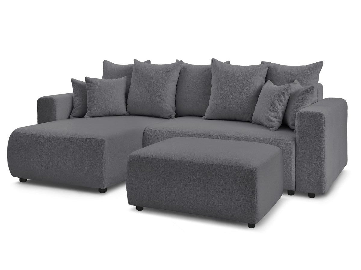 Canapé d'angle réversible convertible coffre ENVY tissu bouclette doux avec pouf rectangulaire