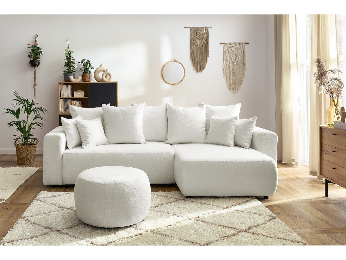 Canapé d'angle réversible convertible coffre ENVY tissu bouclette doux avec pouf rond
