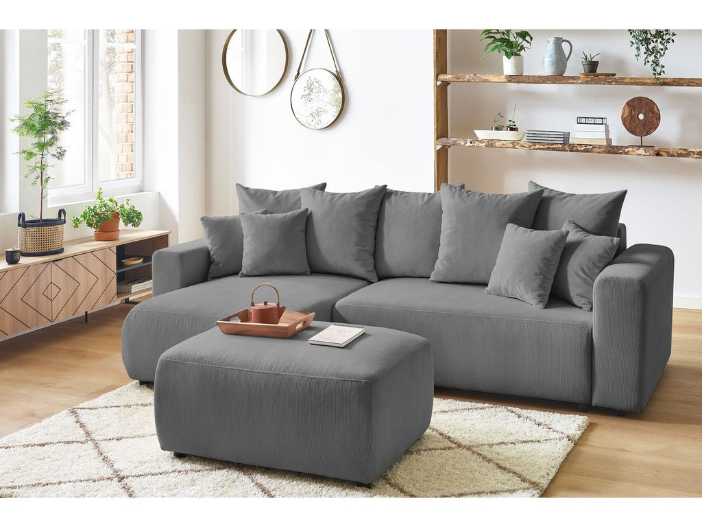 Canapé d'angle réversible convertible coffre ENVY velours côtelé avec pouf