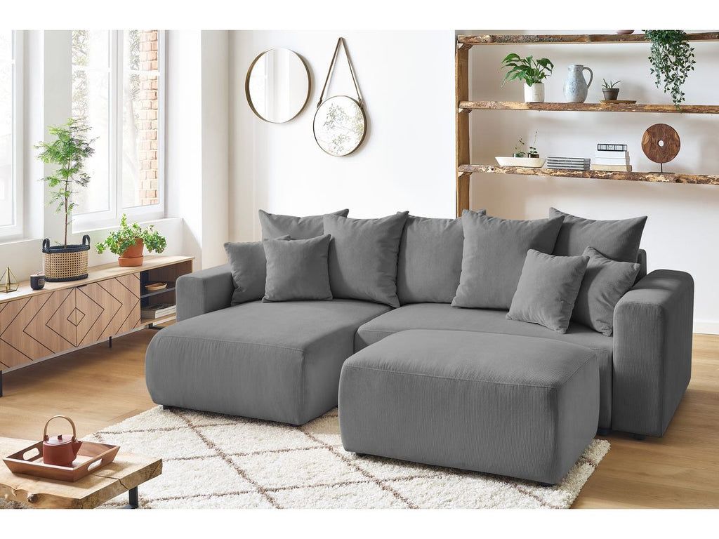 Canapé d'angle réversible convertible coffre ENVY velours côtelé avec pouf
