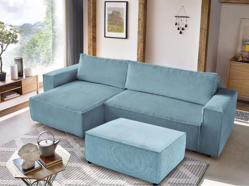 Canapé d'angle réversible convertible coffre NIHAD velours côtelé avec pouf