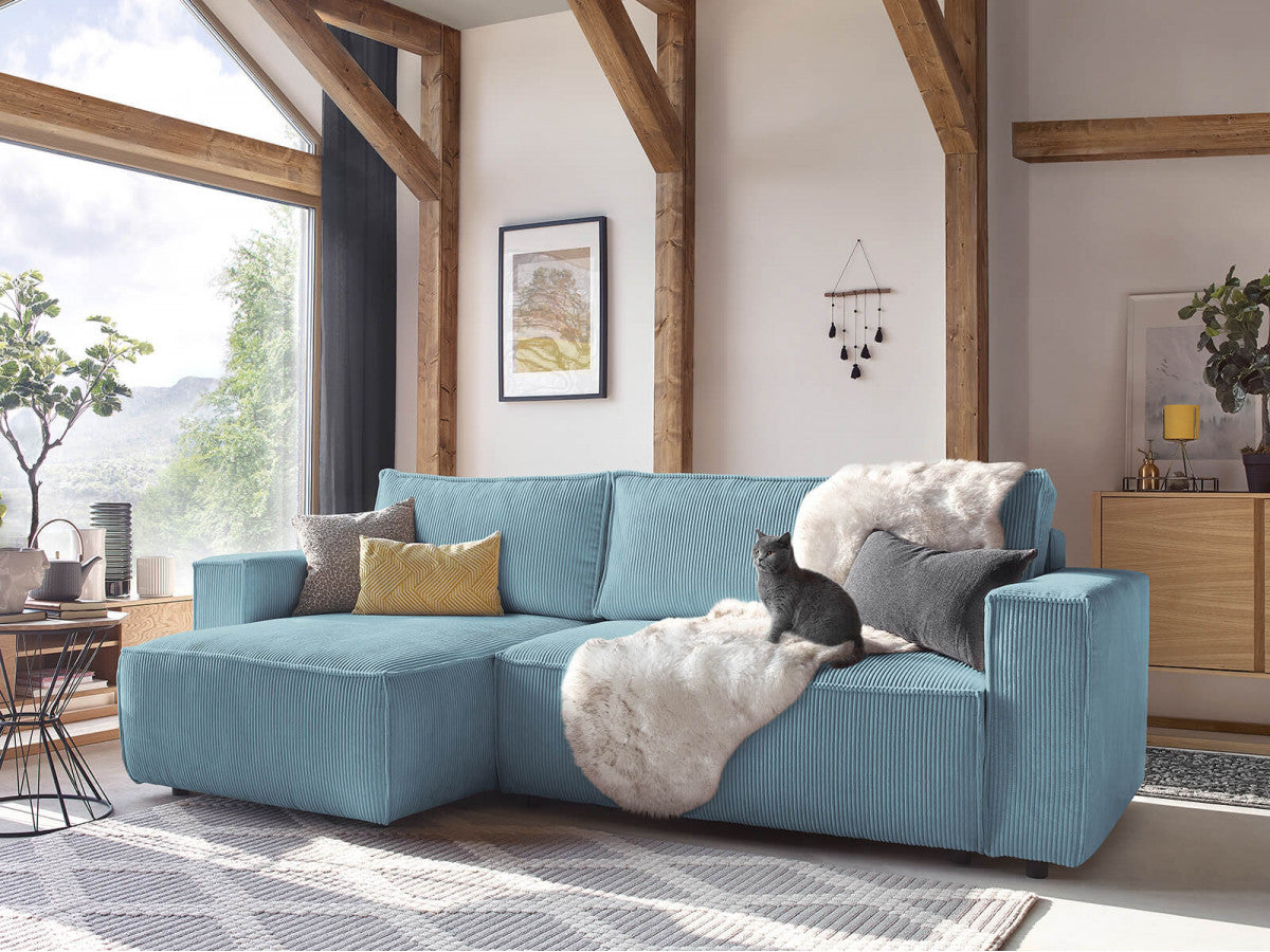 Canapé d'angle réversible convertible coffre NIHAD velours côtelé avec pouf