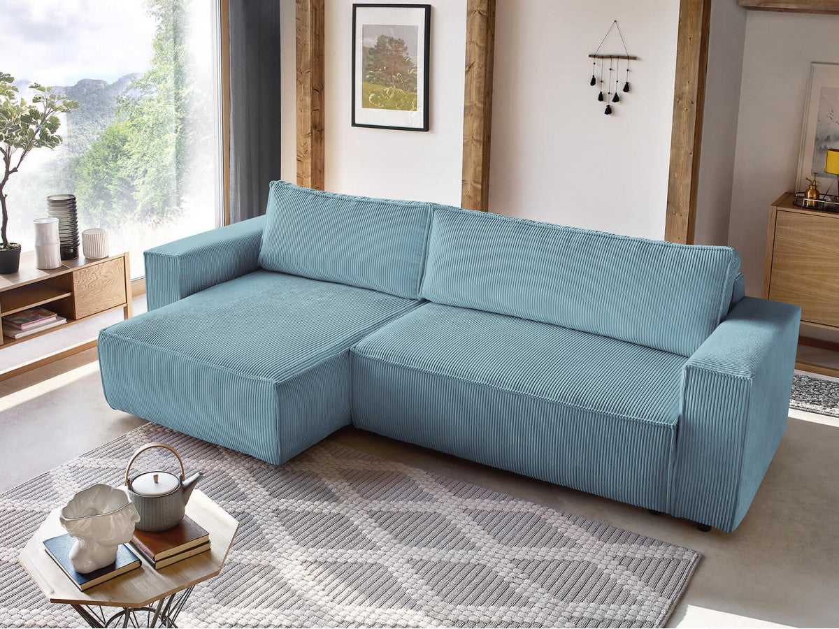 Canapé d'angle réversible convertible coffre NIHAD velours côtelé avec pouf