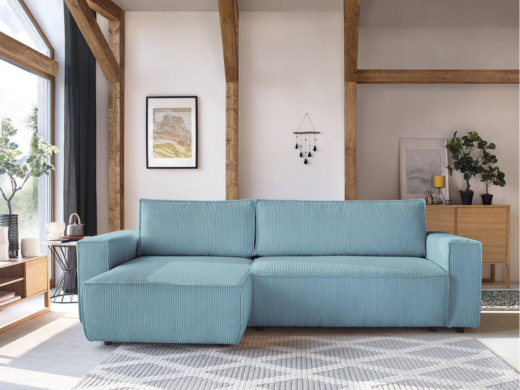 Canapé d'angle réversible convertible coffre NIHAD velours côtelé avec pouf