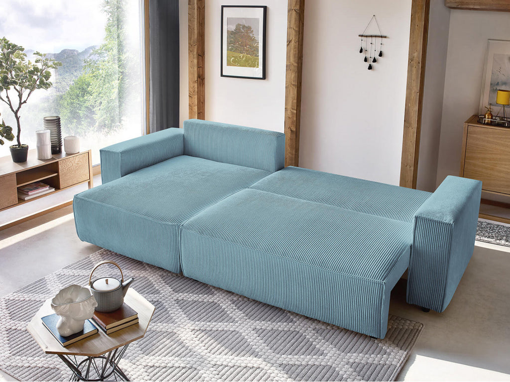 Canapé d'angle réversible convertible coffre NIHAD velours côtelé avec pouf