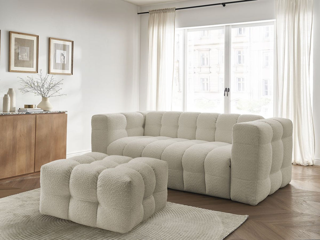 Canapé droit convertible ouverture express 3 places CLOUD tissu bouclette avec pouf
