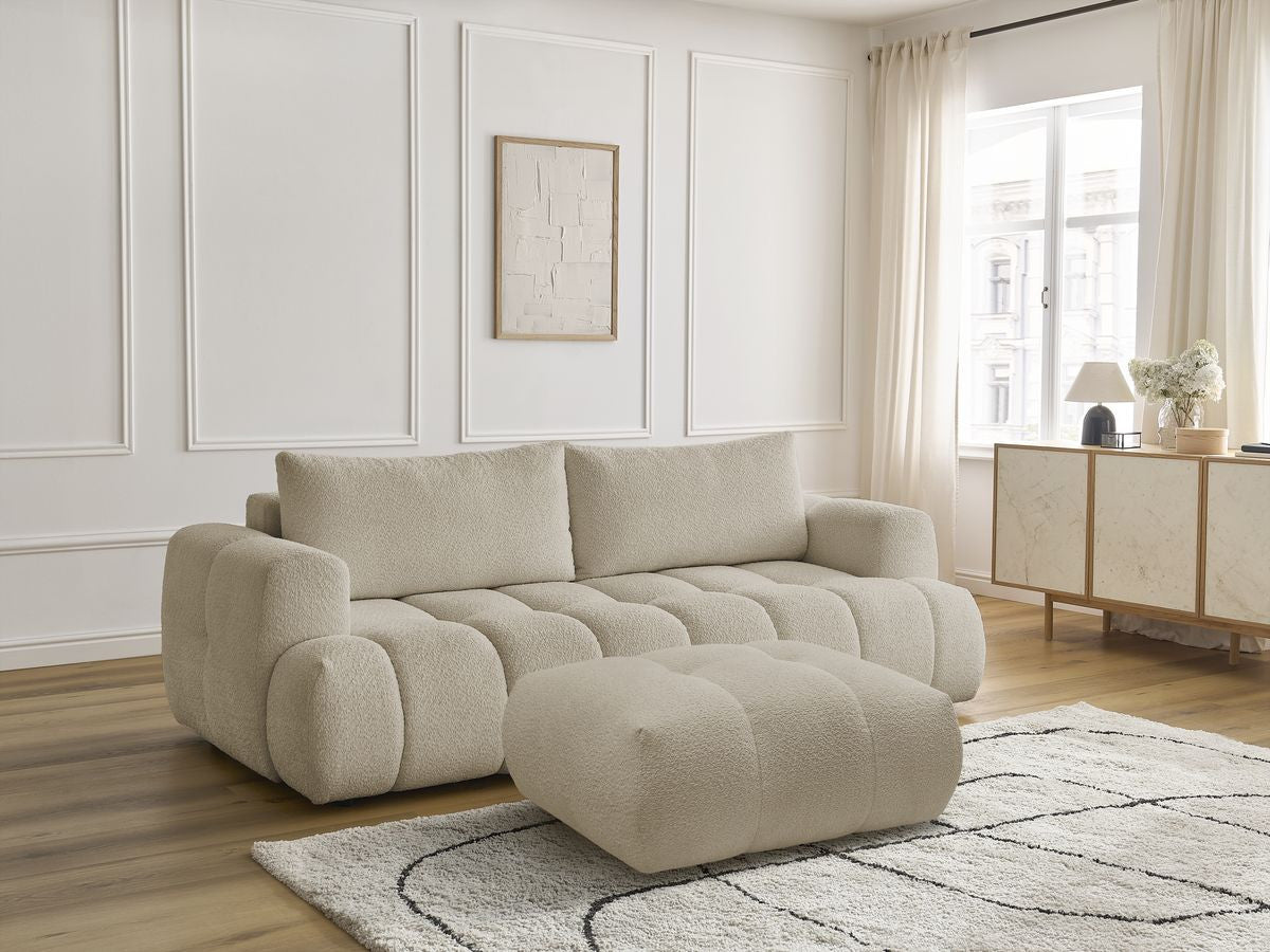 Canapé droit convertible 3 places FUJI tissu bouclette avec pouf