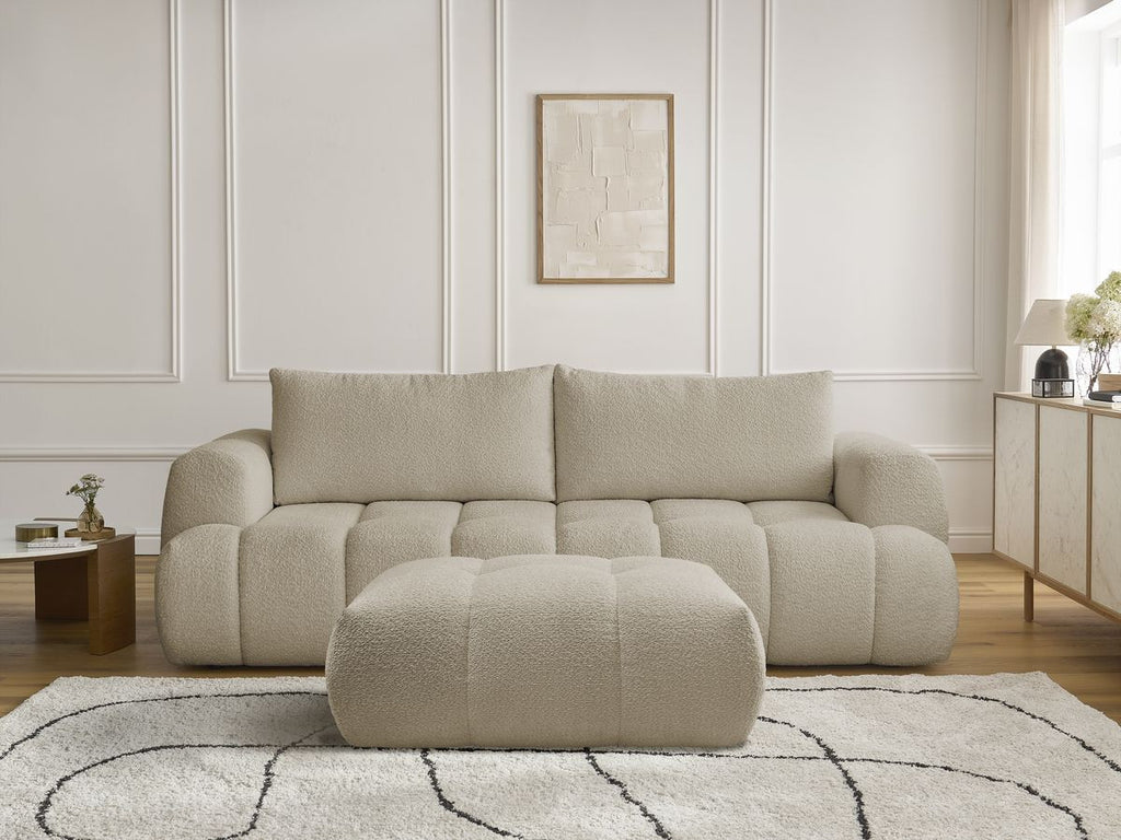 Canapé droit convertible 3 places FUJI tissu bouclette avec pouf