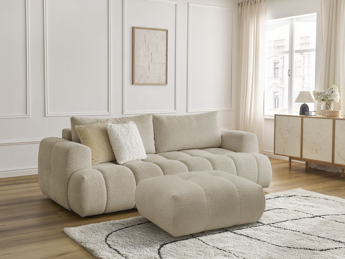 Canapé droit convertible 3 places FUJI tissu bouclette avec pouf