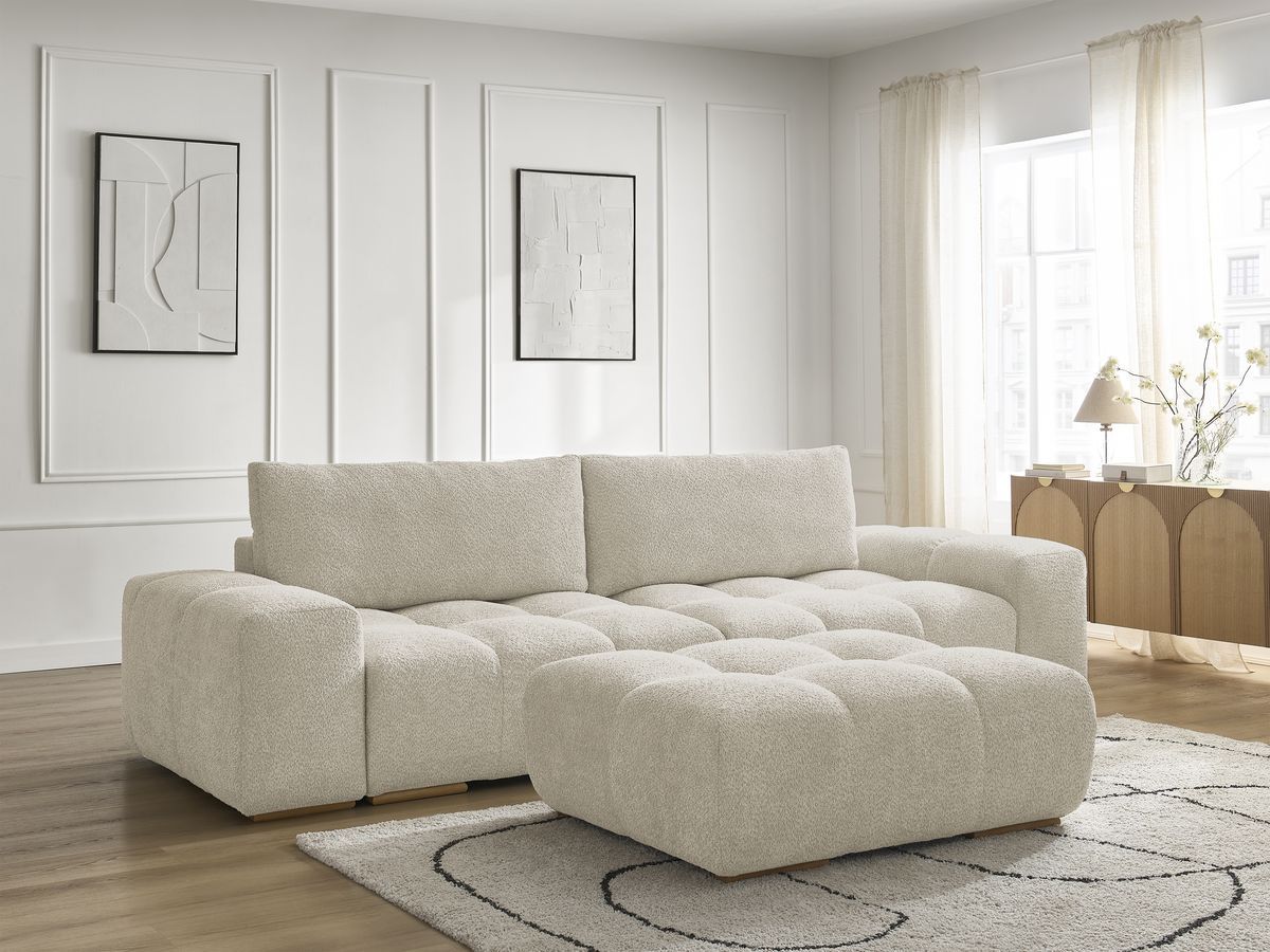 Canapé droit convertible coffre ANAKIN tissu bouclette avec pouf