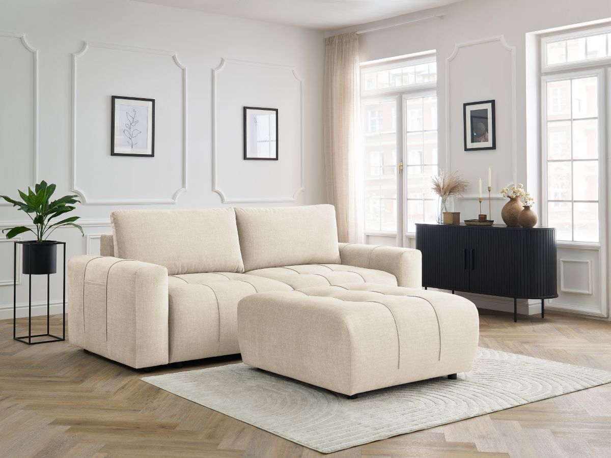 Canapé droit convertible coffre ARSENE tissu velours avec pouf
