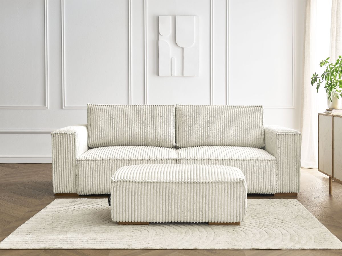 Canapé droit convertible coffre CHELSEA gros côtelé doux avec pouf