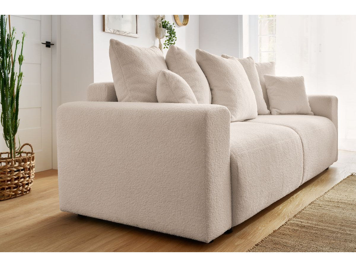 Canapé droit convertible coffre ENVY tissu bouclette doux avec pouf rectangulaire
