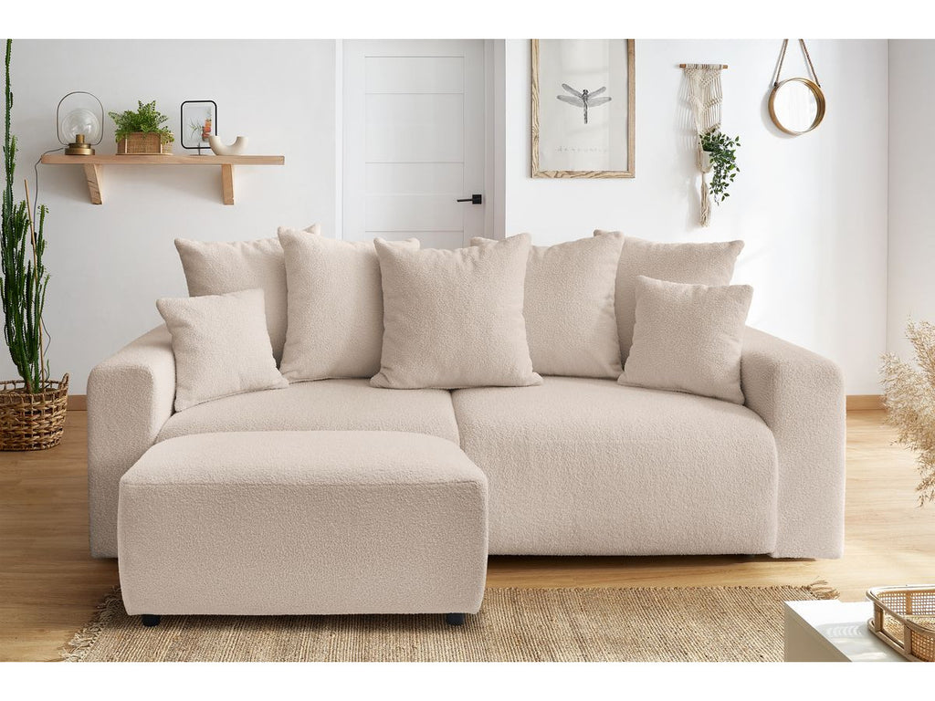 Canapé droit convertible coffre ENVY tissu bouclette doux avec pouf rectangulaire
