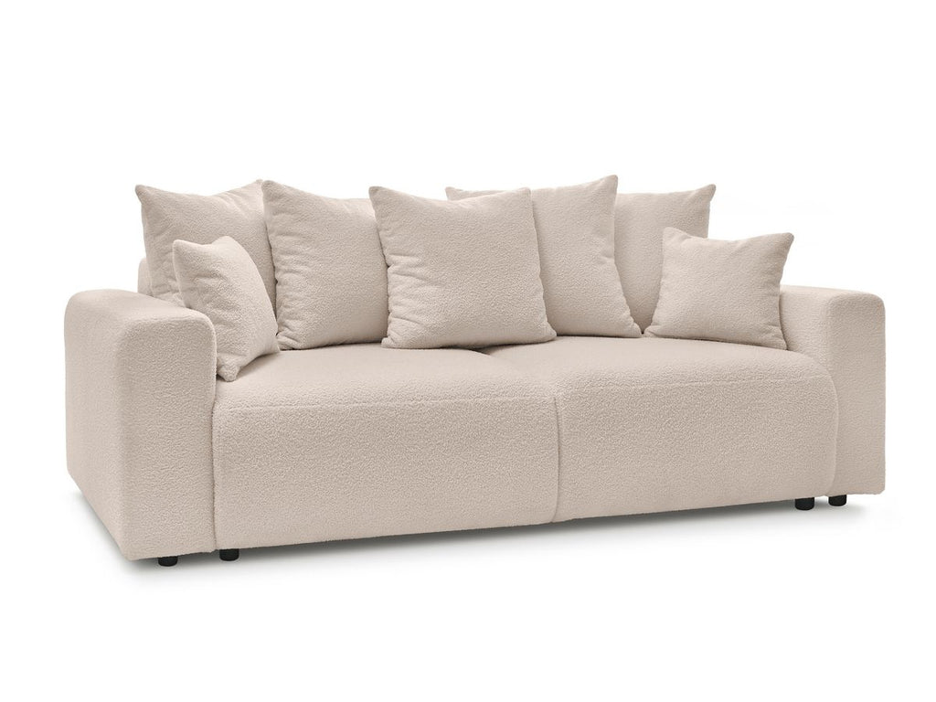 Canapé droit convertible coffre ENVY tissu bouclette doux avec pouf rectangulaire