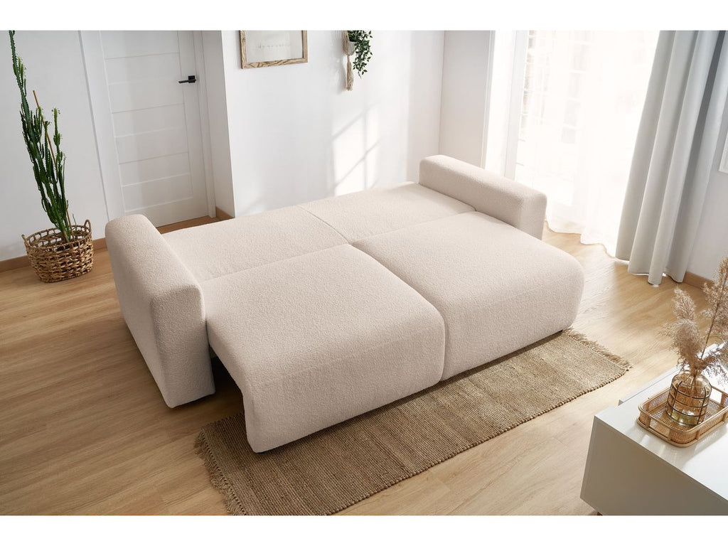 Canapé droit convertible coffre ENVY tissu bouclette doux avec pouf rectangulaire