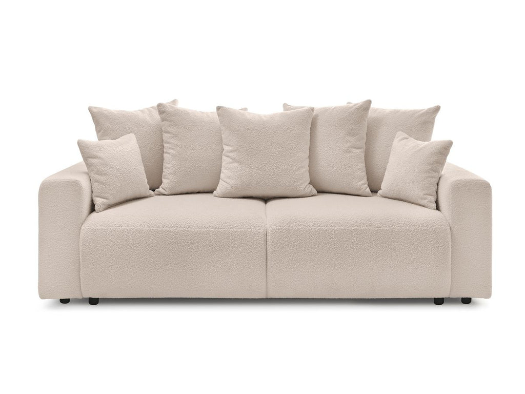 Canapé droit convertible coffre ENVY tissu bouclette doux avec pouf rond