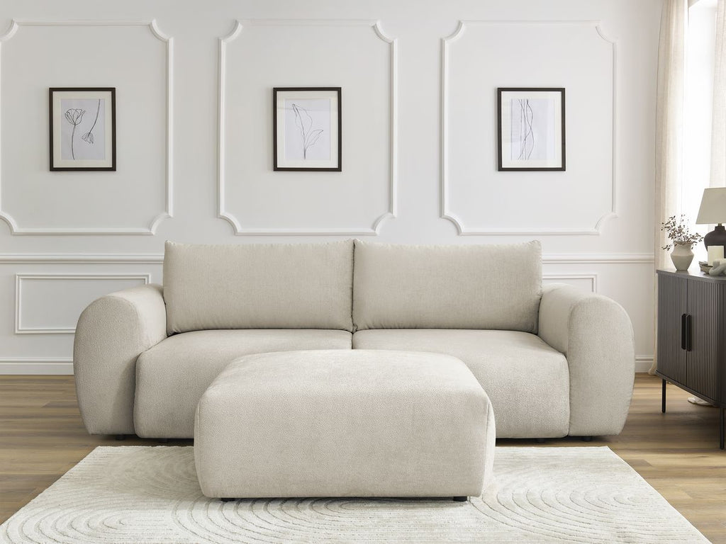 Canapé droit convertible coffre LUCIEN tissu lisse avec pouf