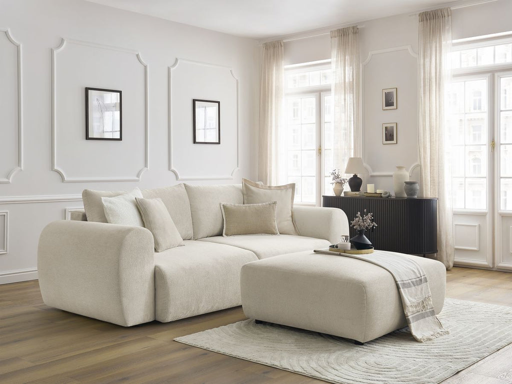Canapé droit convertible coffre LUCIEN tissu lisse avec pouf