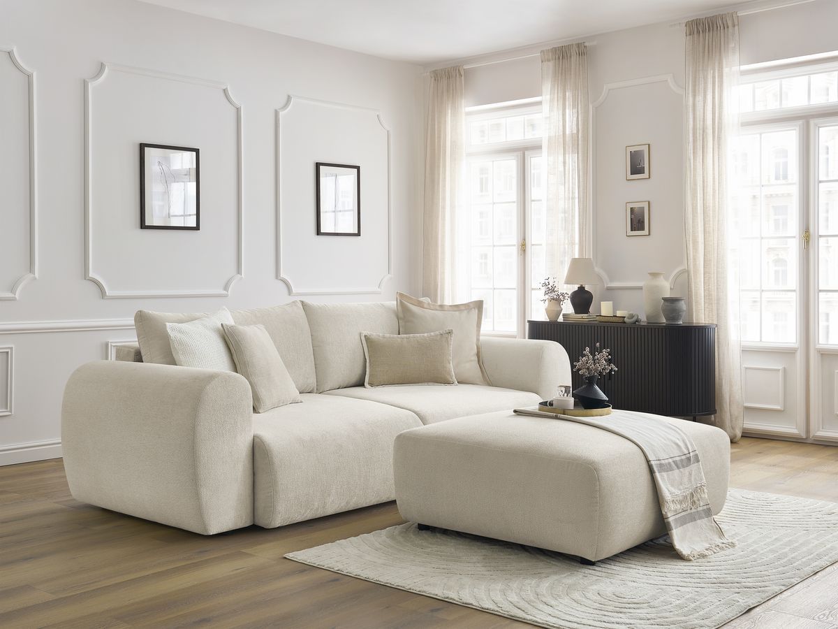 Canapé droit convertible coffre LUCIEN tissu lisse avec pouf