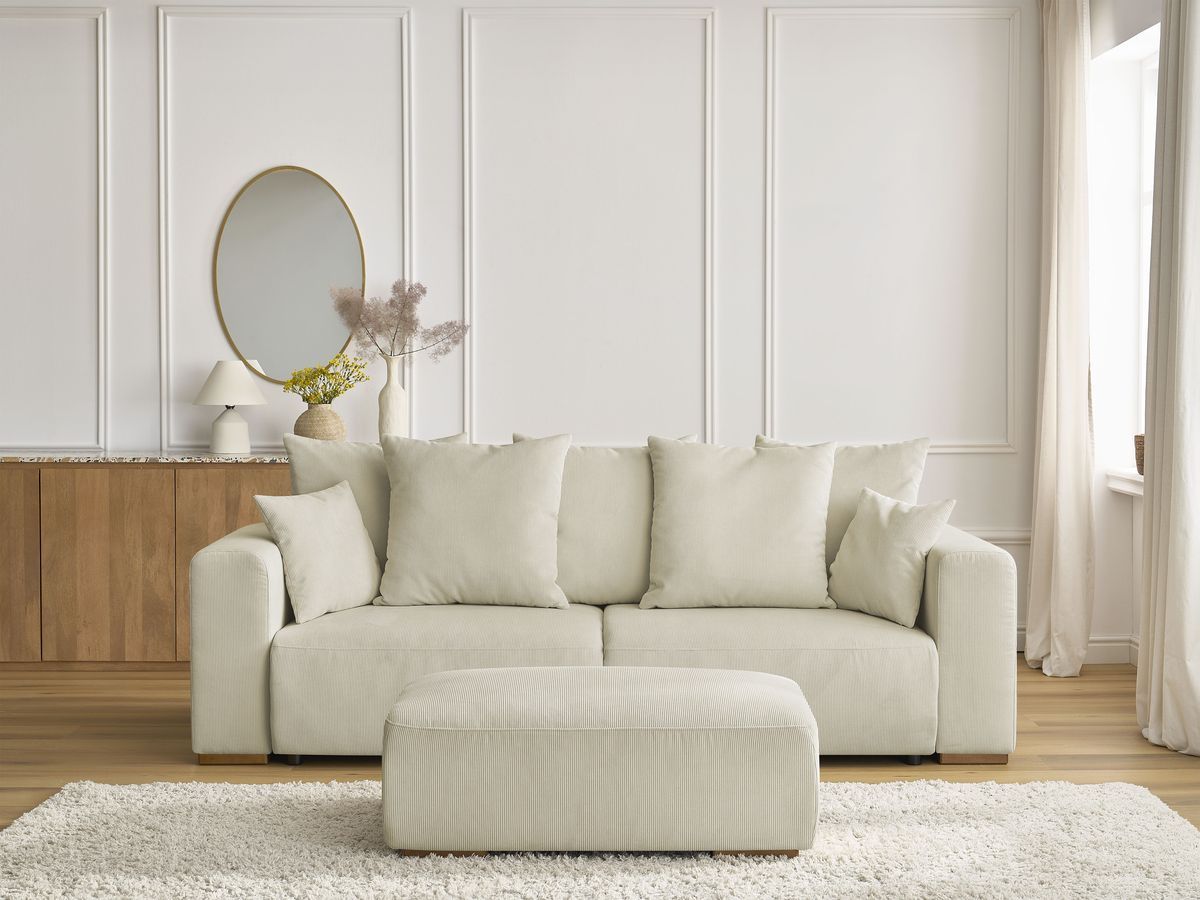 Canapé droit convertible coffre SIDONIE velours côtelé avec pouf