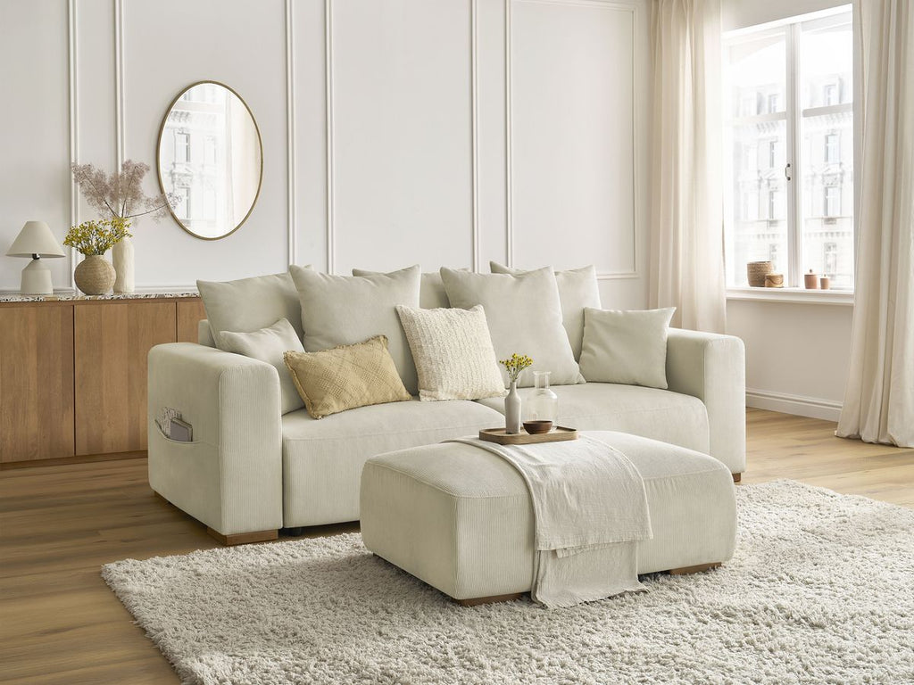 Canapé droit convertible coffre SIDONIE velours côtelé avec pouf
