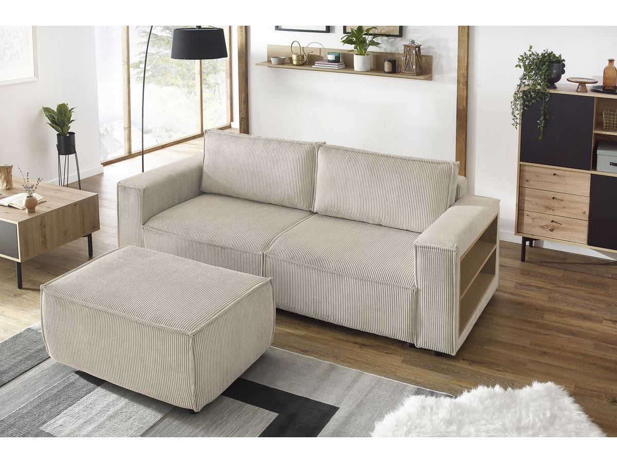 Canapé droit convertible coffre tablette NIHAD velours côtelé avec pouf