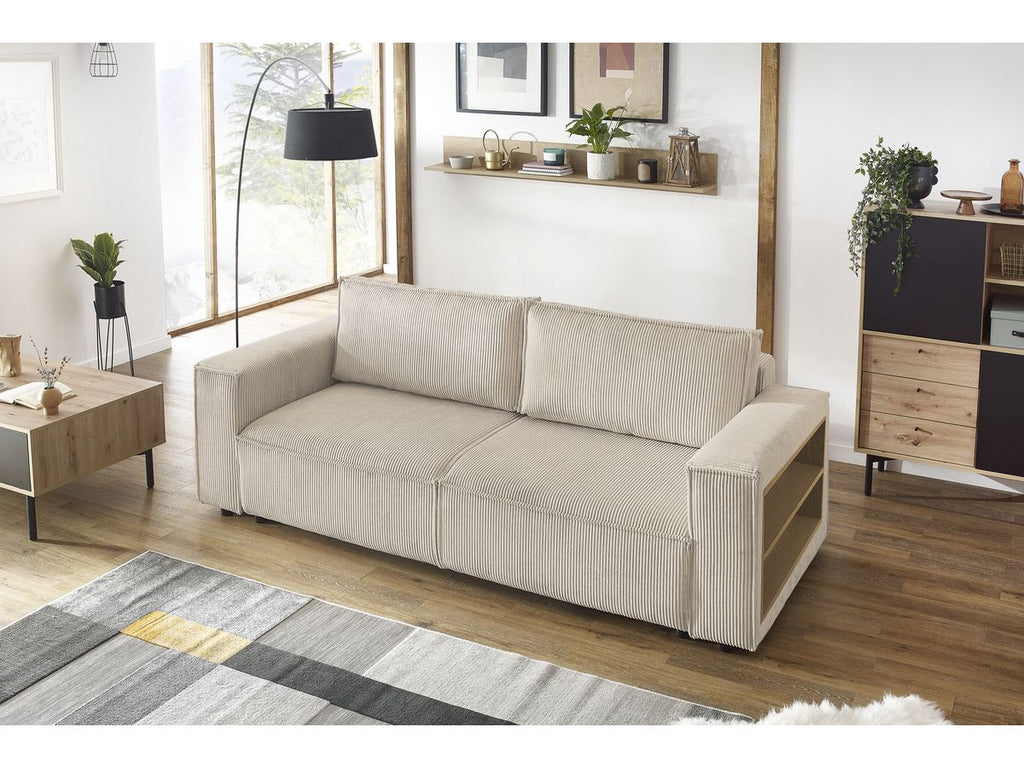 Canapé droit convertible coffre tablette NIHAD velours côtelé avec pouf