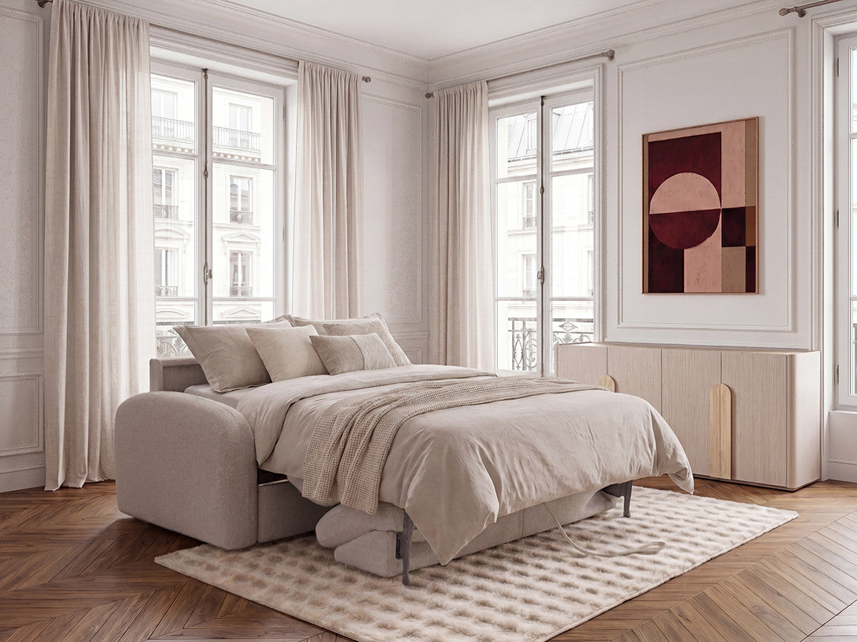 Canapé droit convertible KENAN ouverture express tissu bouclette
