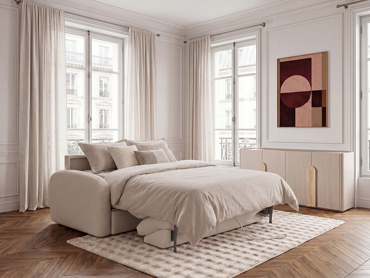 Canapé droit convertible KENAN ouverture express tissu lisse