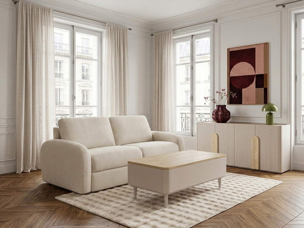 Canapé droit convertible KENAN ouverture express tissu lisse
