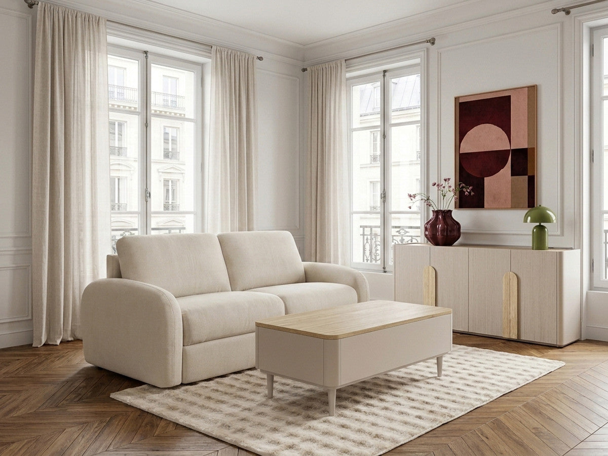 Canapé droit convertible KENAN ouverture express tissu lisse
