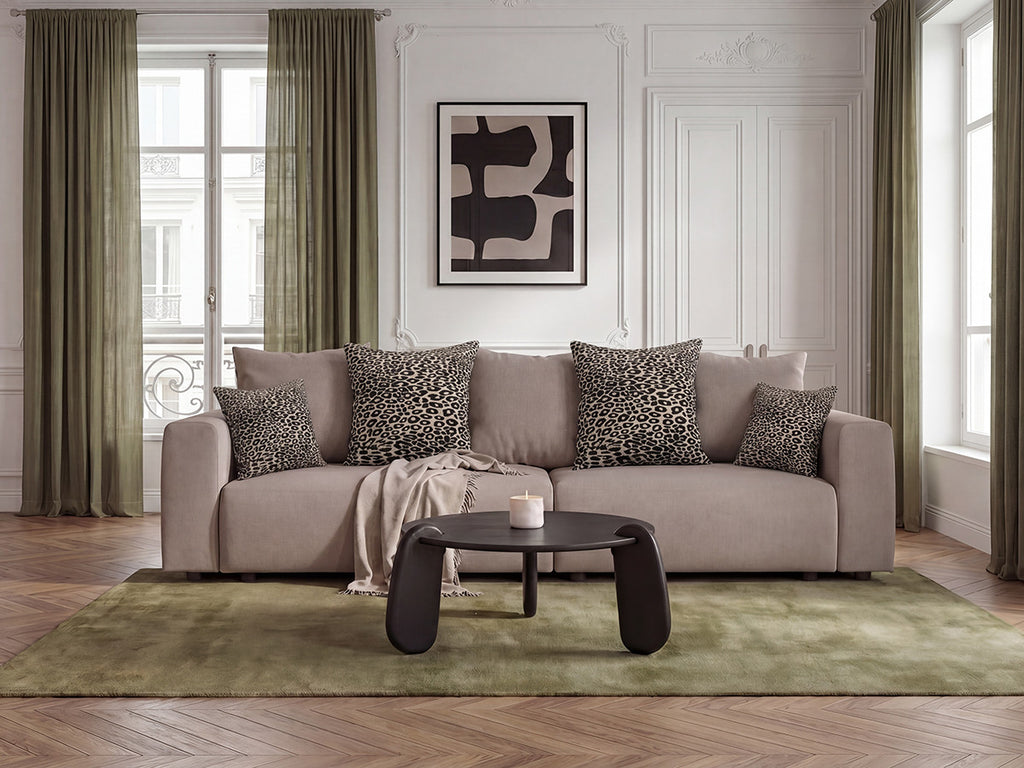 Canapé droit convertible SIDONIE avec coussins à motif léopard
