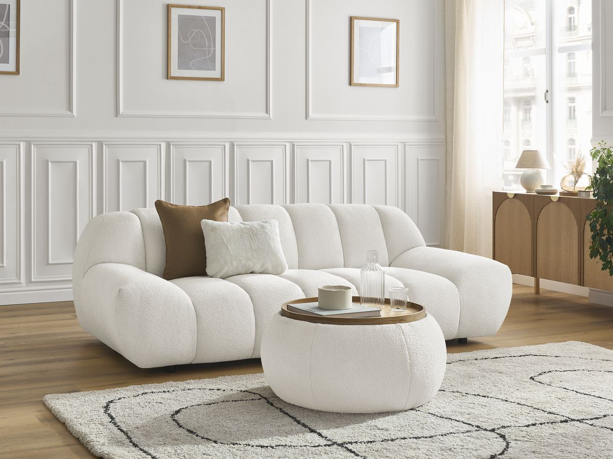 Canapé droit fixe 2 places HAYDEN tissu bouclette avec pouf petit avec plateau