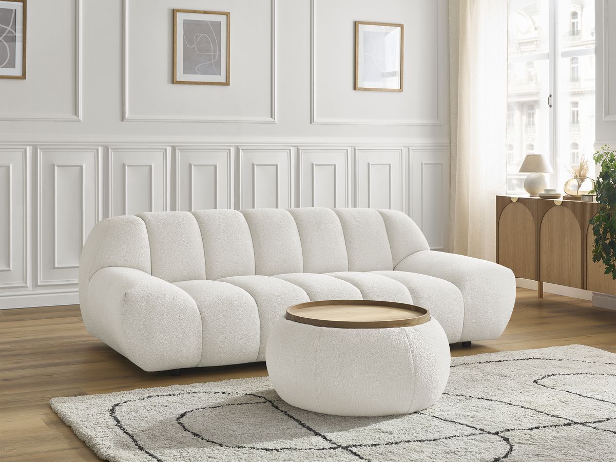 Canapé droit fixe 2 places HAYDEN tissu bouclette avec pouf petit avec plateau