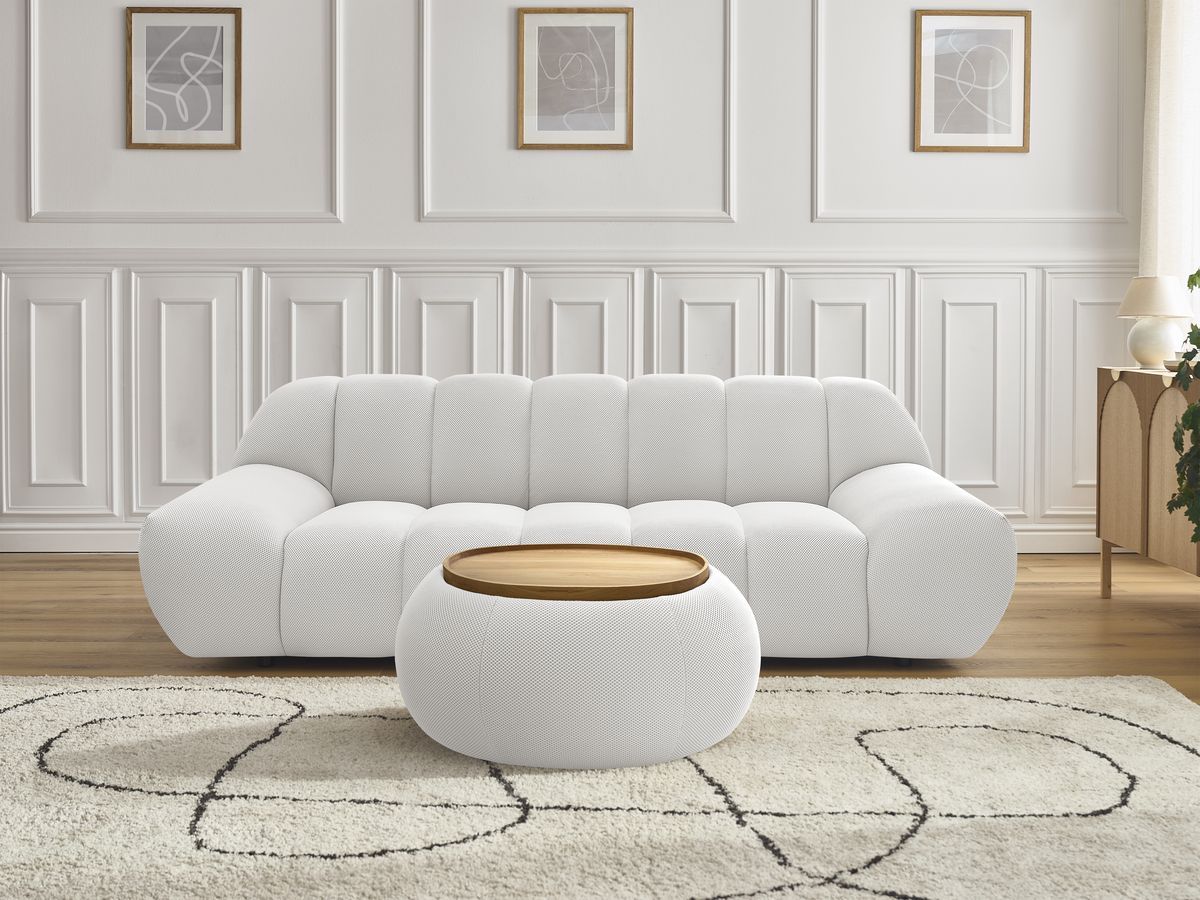 Canapé droit fixe 2 places HAYDEN tissu mesh avec pouf petit avec plateau