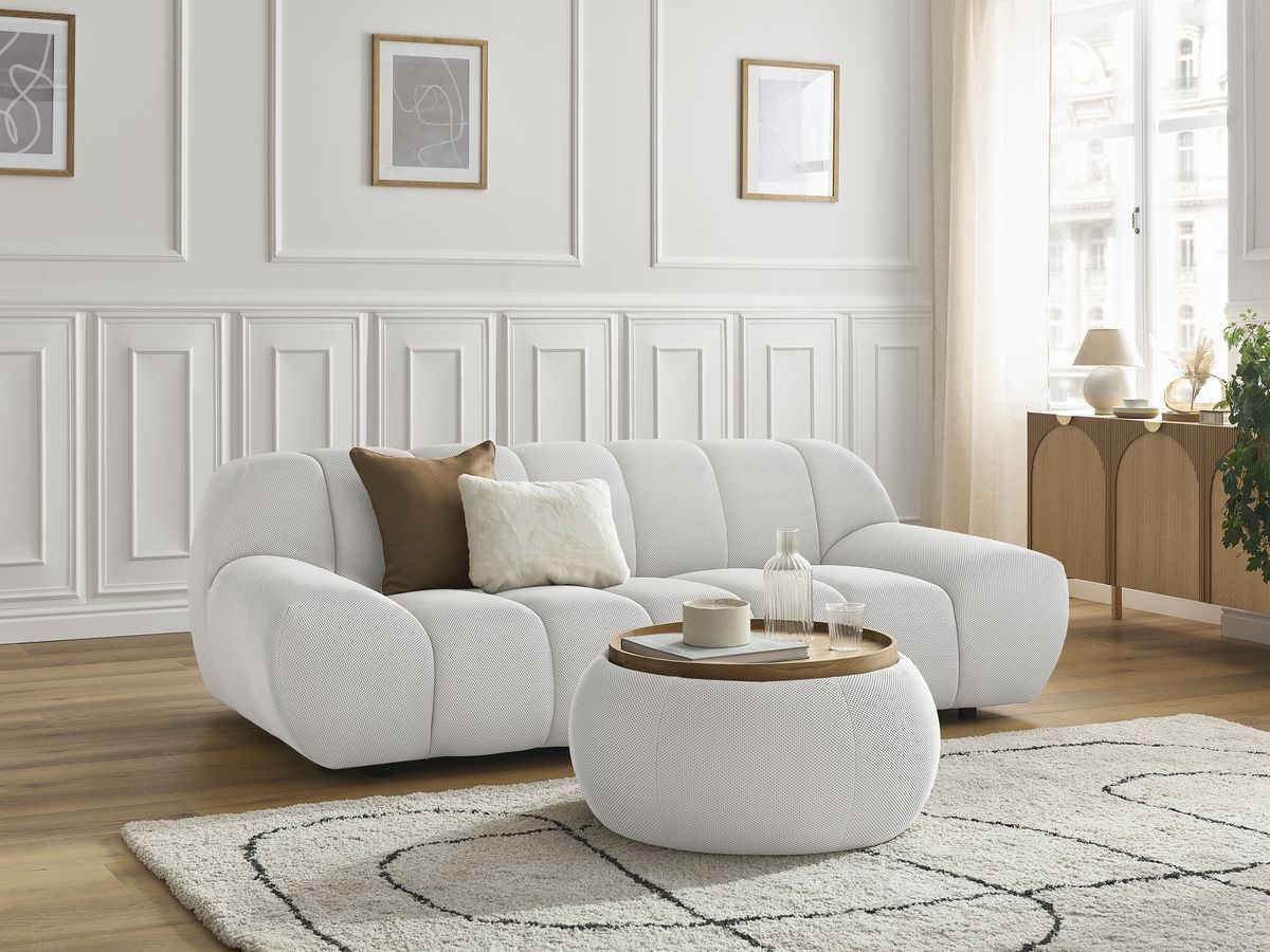 Canapé droit fixe 2 places HAYDEN tissu mesh avec pouf petit avec plateau