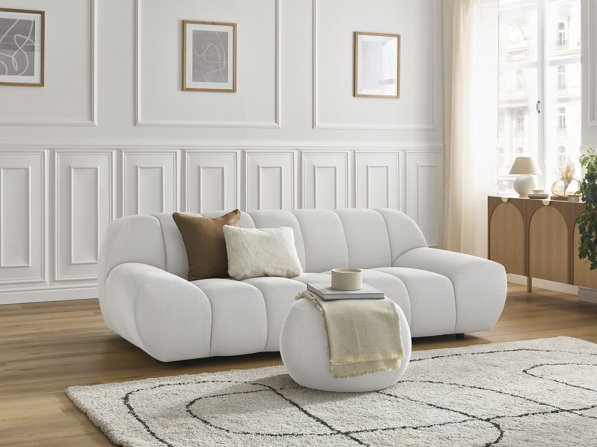 Canapé droit fixe 2 places HAYDEN tissu mesh avec pouf petit