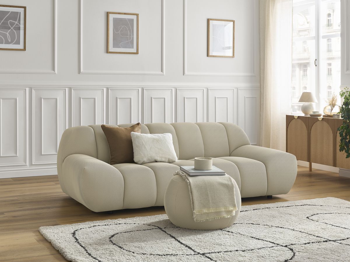 Canapé droit fixe 2 places HAYDEN tissu mesh avec pouf petit
