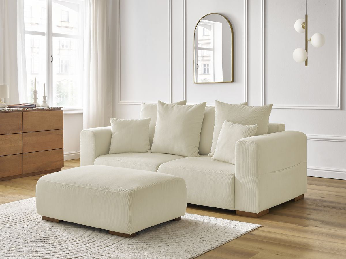 Canapé droit fixe 2 places SIDONIE velours côtelé avec pouf