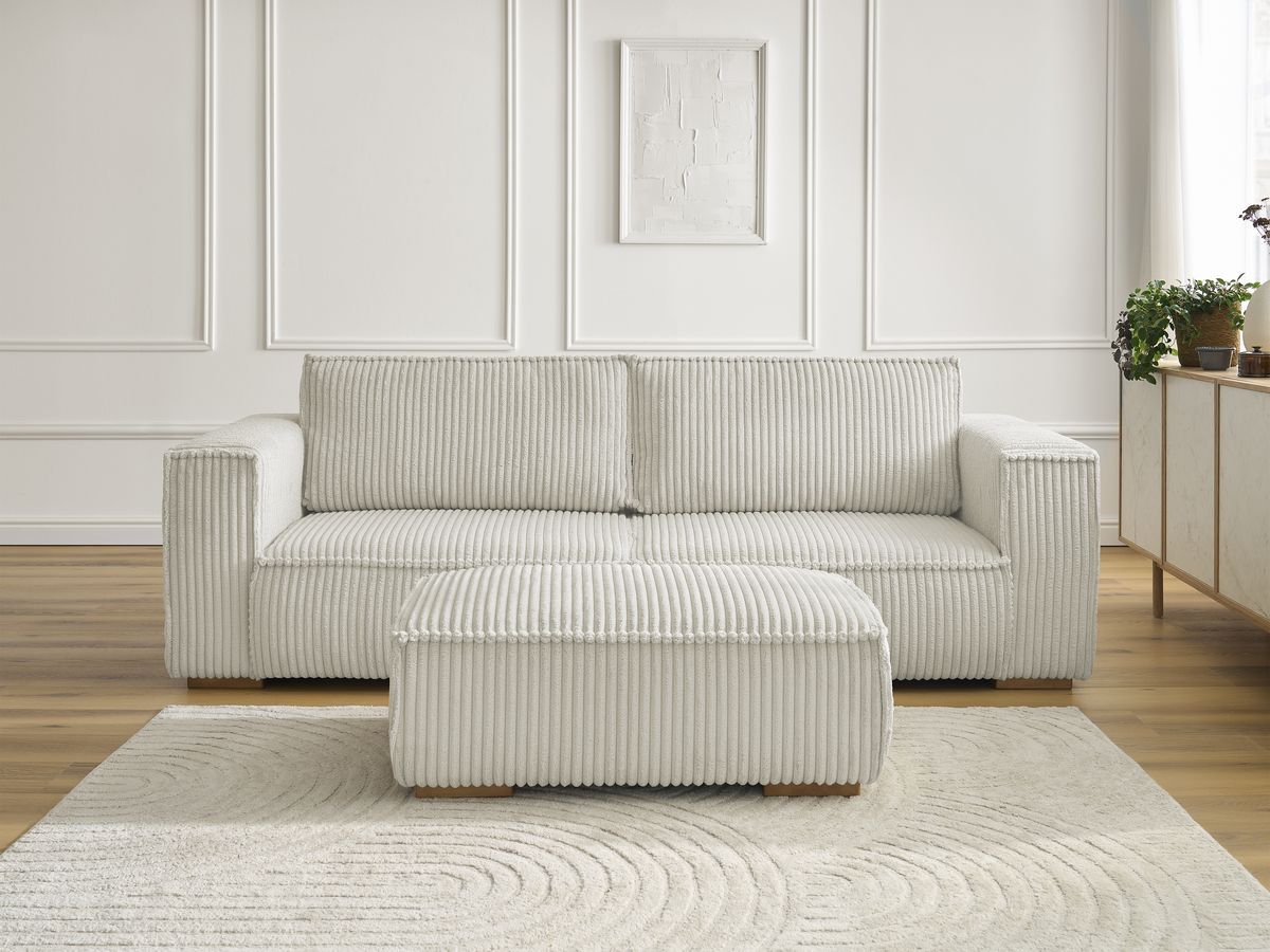 Canapé droit fixe 3 places CHELSEA gros côtelé doux avec pouf