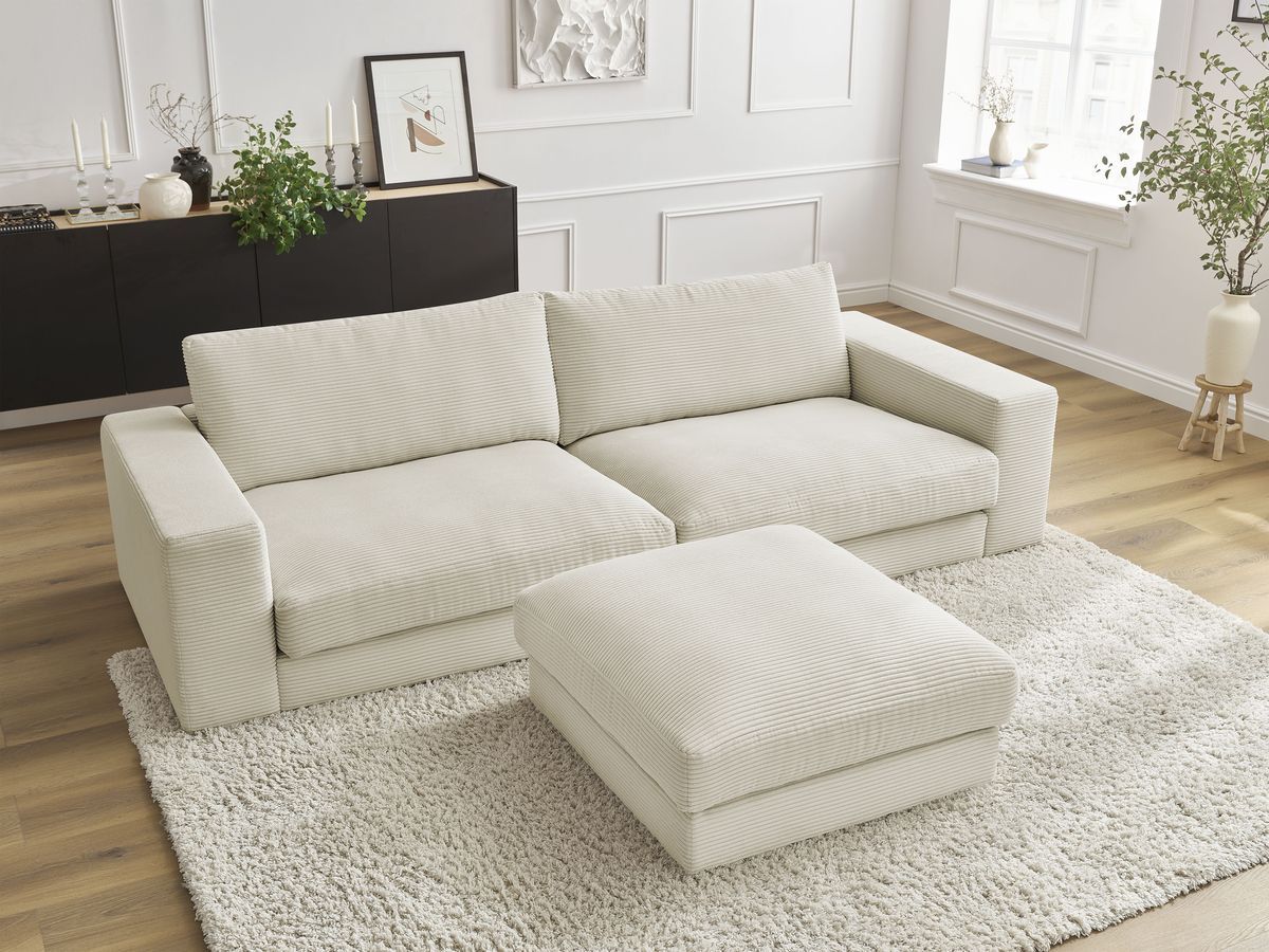 Canapé droit fixe 3 places compact LEONARD velours côtelé avec pouf