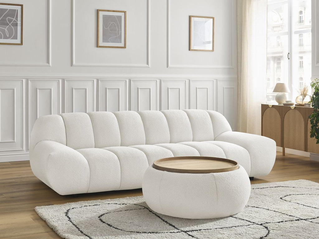 Canapé droit fixe 3 places HAYDEN tissu bouclette avec pouf grand avec plateau