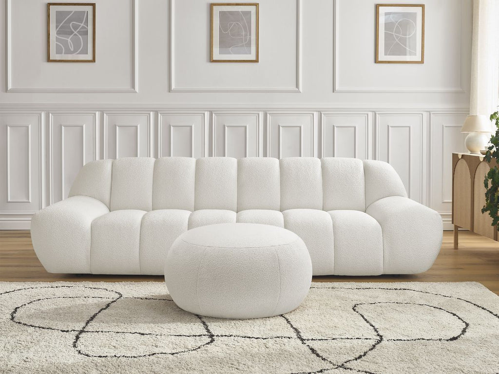 Canapé droit fixe 3 places HAYDEN tissu bouclette avec pouf grand