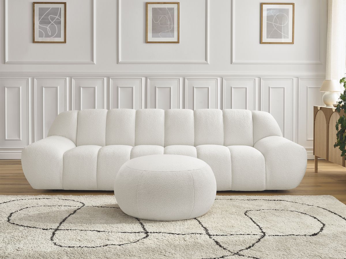 Canapé droit fixe 3 places HAYDEN tissu bouclette avec pouf grand
