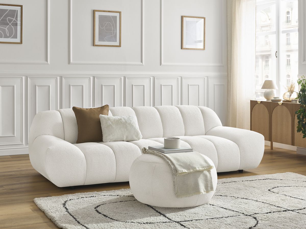 Canapé droit fixe 3 places HAYDEN tissu bouclette avec pouf grand
